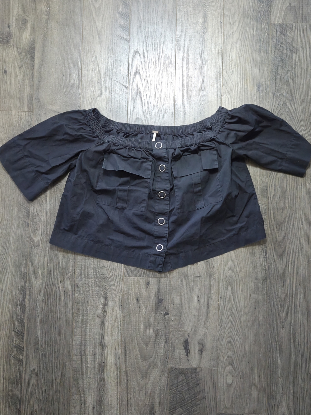 FREE PEOPLE Off-Shoulder Black Button-Front Women’s Crop Top